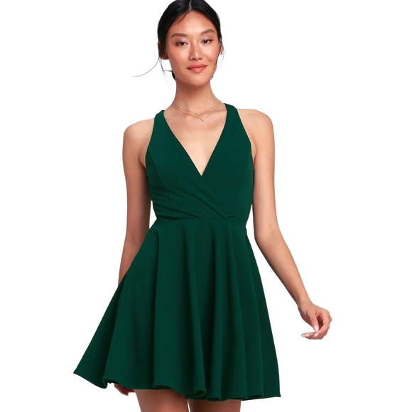 Lulus Dresses & Skirts - Lulus Hunter Green V-Neck Cross Back A-Line Open Back Skater Mini Dress XS
